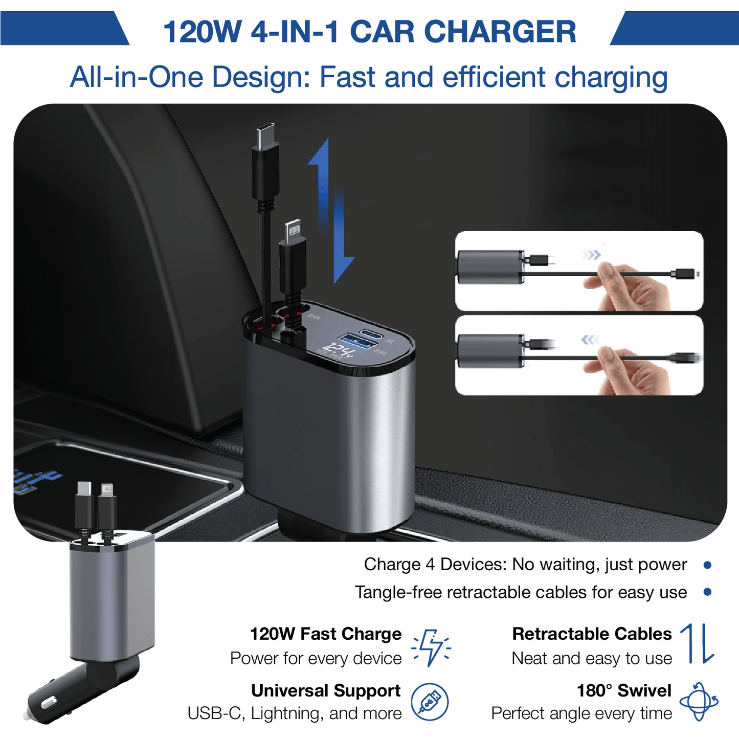 Voxku™ 4 In 1 Car Charger Adapter Powerful Fast Charging