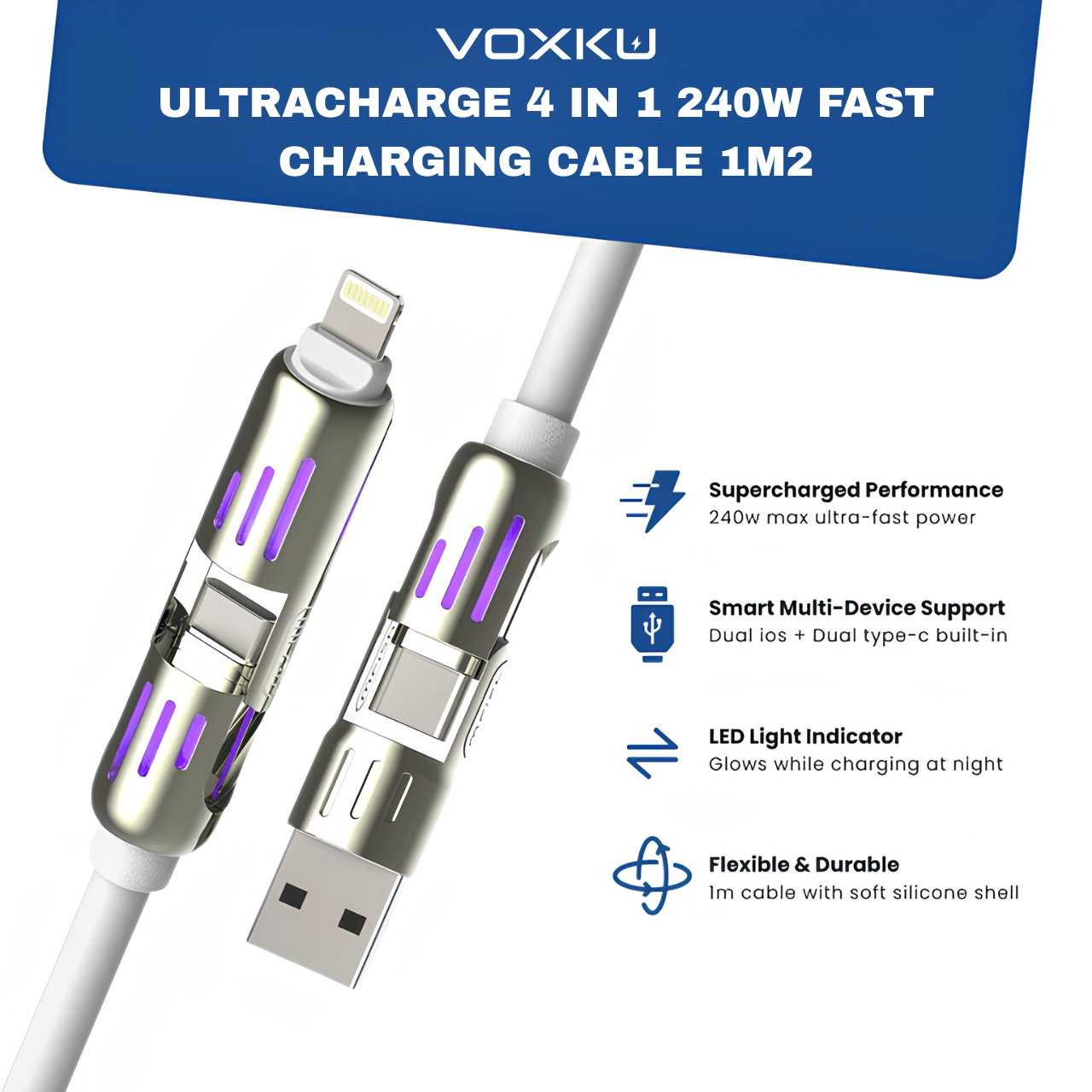 Voxku™ Ultracharge 4 In 1 240w Fast Charging Cable 1m2